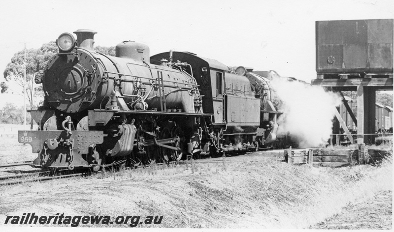 P18537
W class 959, V class 1220, on No 12 goods train, water tower, Yornaning, GSR line, front and side view
