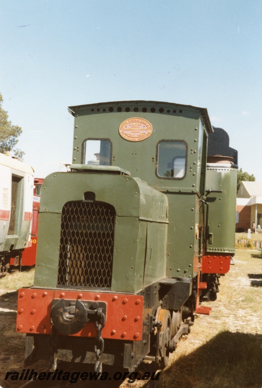 P18624
Andrew Barclay 4 diesel mechanical locomotive at Rail Transport Museum Bassendean. Locomotive painted in green livery. 

