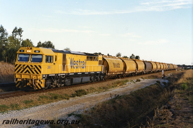 P18650
Q class 301 diesel locomotive at the head of an empty grain train enroute from Fremantle through Forrestfield.
