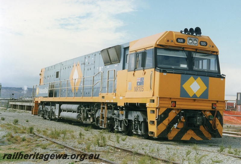 P18670
NR class 105 standard gauge diesel locomotive, painted in the National Rail colours of charcoal grey and orange, is pictured at Kewdale.

