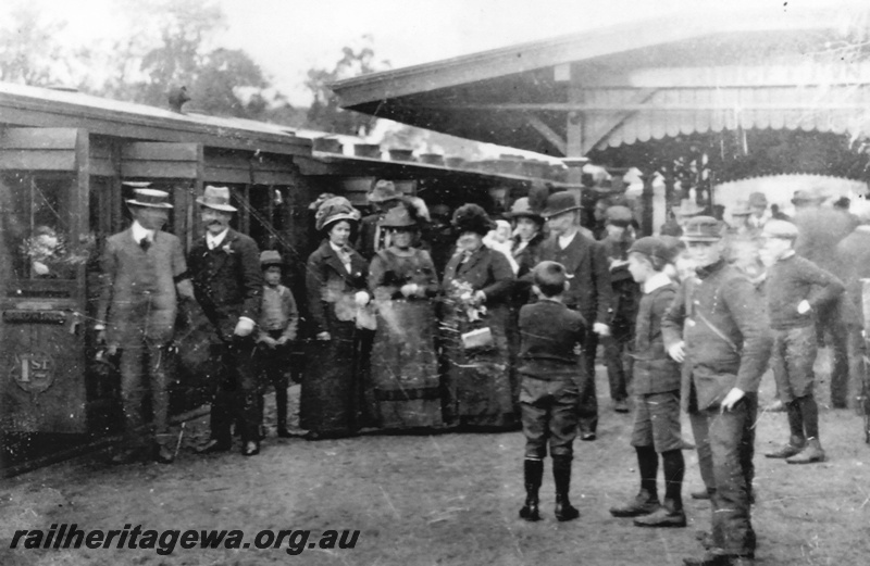 P19608
Bridgetown platform - crowd on station platform. AA carriage in background. PP line. 
