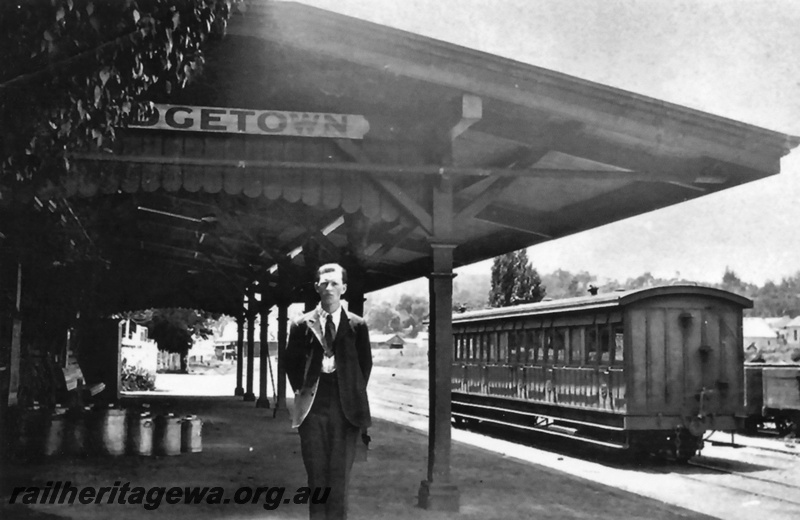 P19613
Bridgetown platform - looking north. Station sign in photograph and passenger carriage in yard. PP line
