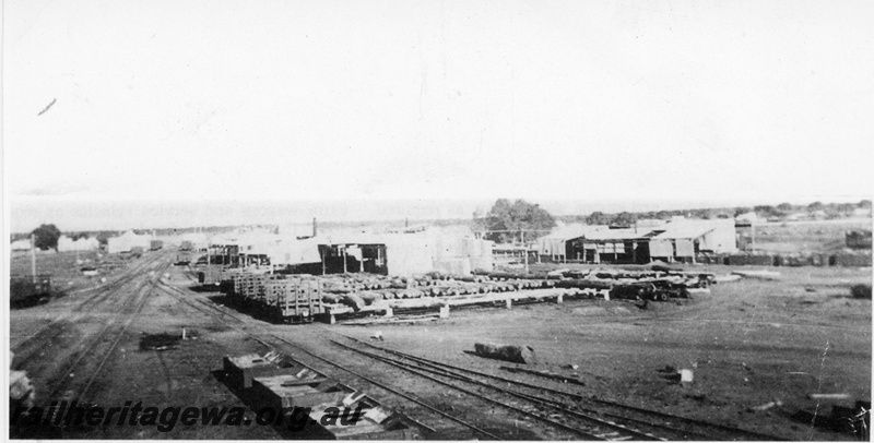 P19631
WA Goldfields Firewood Supply Co Kurrawang Headquarters. View looking east showing log landing and sawmill.
