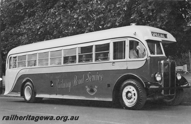 P19646
Railway Road Service AEC 30 seat bus, side and front view.

