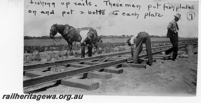 P19665
Installing fish plates onto rail. Horse in background. Location unknown.
