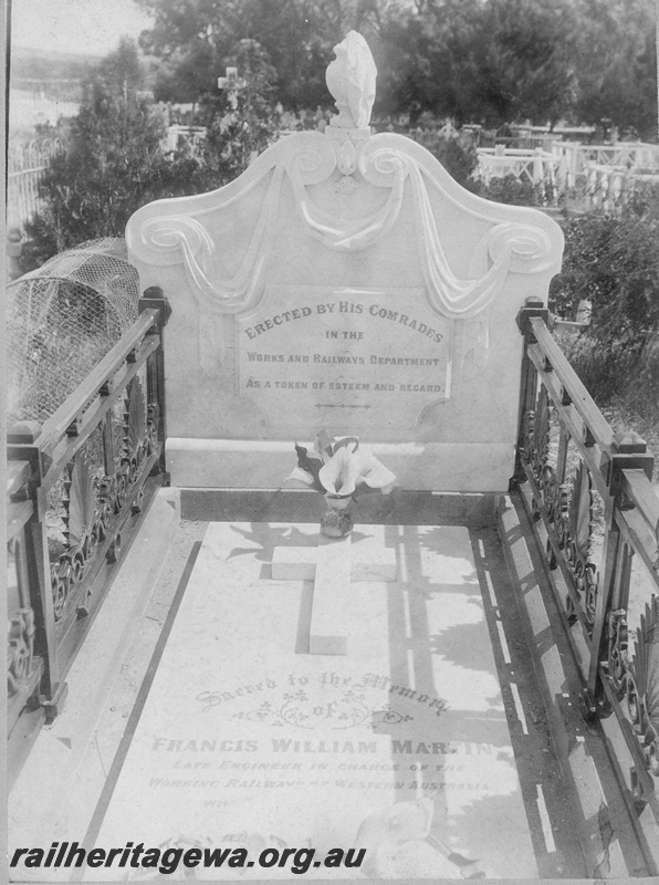 P19681
Frances William Martin - Grave at 2nd Fremantle Cemetery (Skinner Street). Martin came to WA from New Zealand with C. Y. O'Connor and became Engineer of Existing Lines (later CCE). Died 1895.
