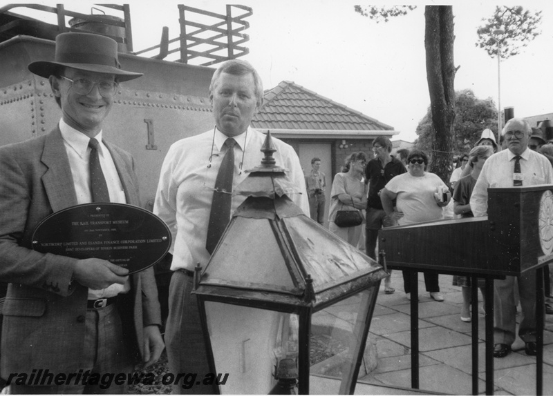 P19694
3 of 3 images of the ceremony to launch the roof fund and the unveiling of a plaque to mark the gifting of Lot 111 Railway Parade Bassendean to the ARHS. It was also the inaugural 