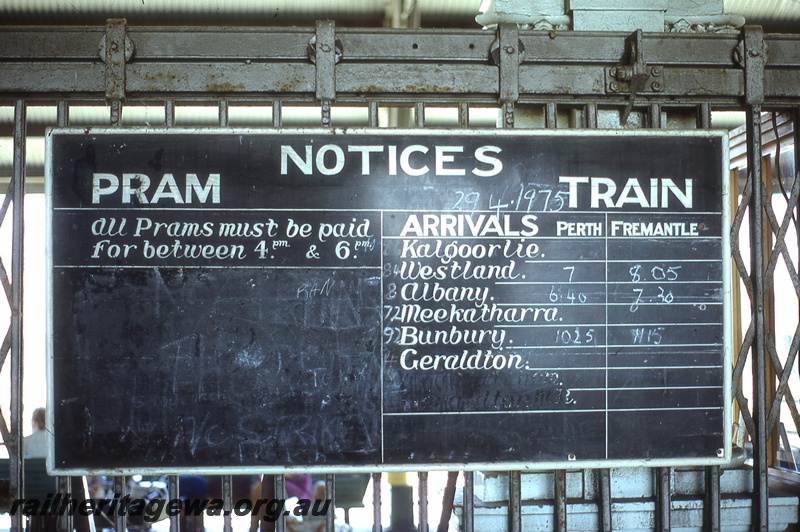 P19713
Notices board on platform gate, including train arrivals and pram payments, Fremantle station, ER line
