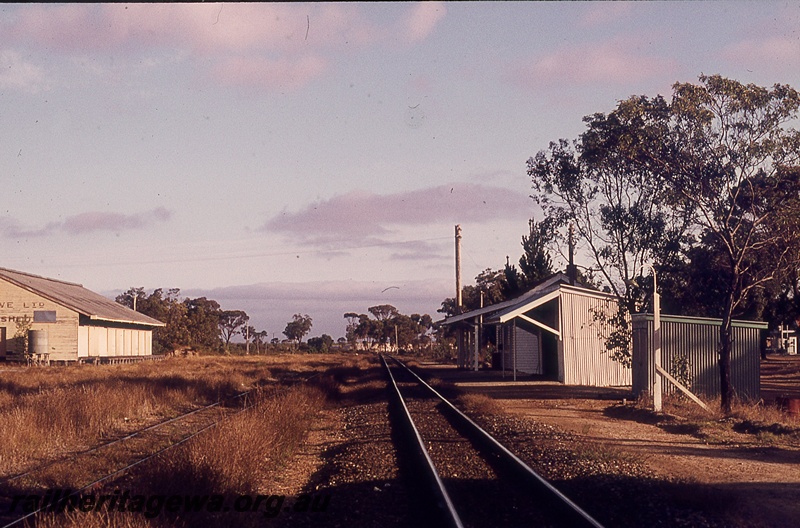 P19735
Station building, goods shed, tracks, Kendenup, GSR line, Easter
