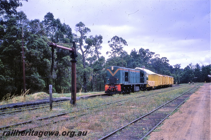 P19740
R class 1902 on train of yellow wagons and vans, water column, tracks, railway workers, forest backdrop, station building, Pemberton, PP line
