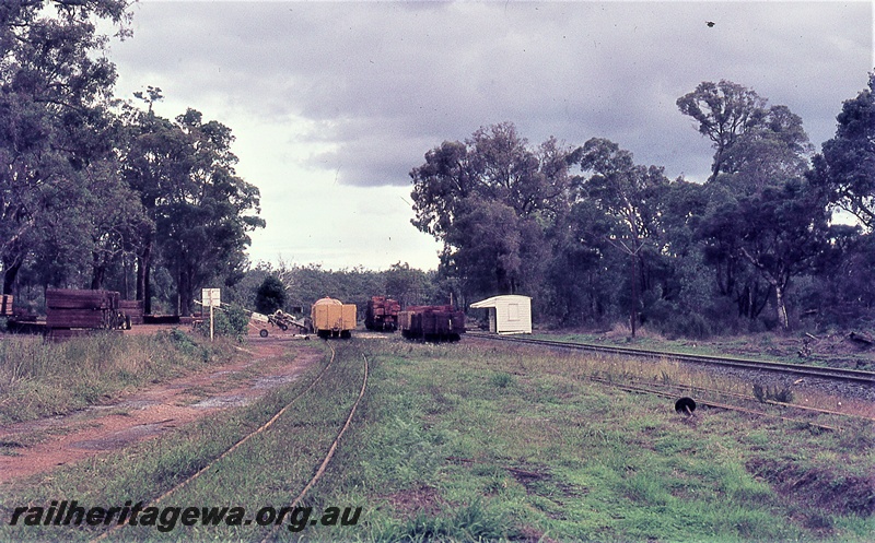 P19767
Trackside building, wagons, piles of timber, mobile loader, tracks, point lever, forest setting, Palgarup, PP line, Easter
