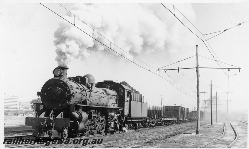 P19651
PMR class 722 departing East Perth on No. 35 Goods on the SWR line. In the foreground is the overhead catenary wires for the S.E.C. electric loco which serviced the East Perth power house
