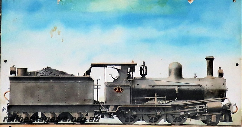 P19913
A class 31, 2-6-0 steam locomotive with a six wheel tender, side view, coloured version of  photo P07458
