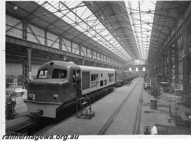 P20048
X class diesels under construction, Metropolitan-Vickers works, Stockton-On-Tees, England, interior view of production floor
