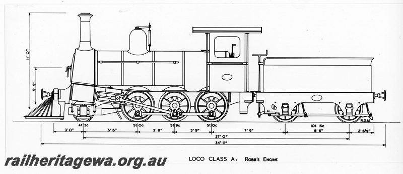 P20064
Drawing, A class steam loco, as built, Robb's engine, side view
