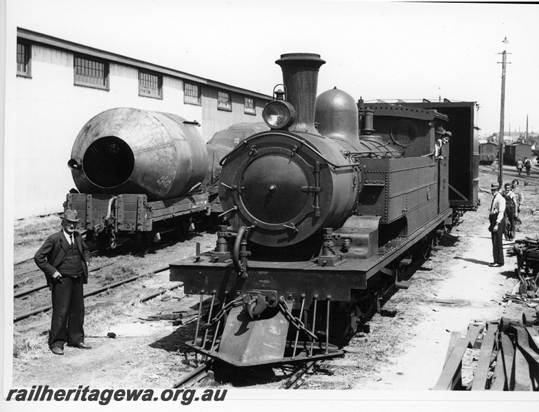 P20110
N class loco, various wagons and vans, workers and onlookers, shed, Perth Goods, front and side view. Rescan for P0754 
