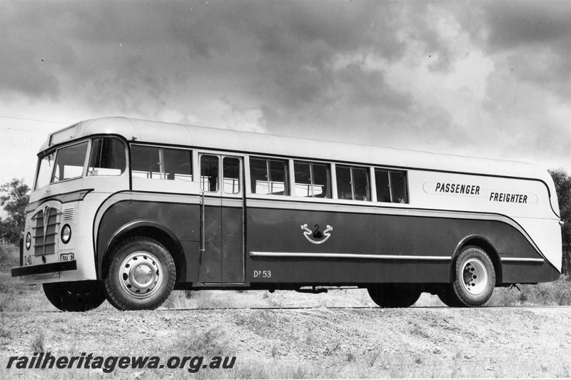 P20338
Western Australian Government Railways Road Service passenger freighter Foden DP 53, front and side view
