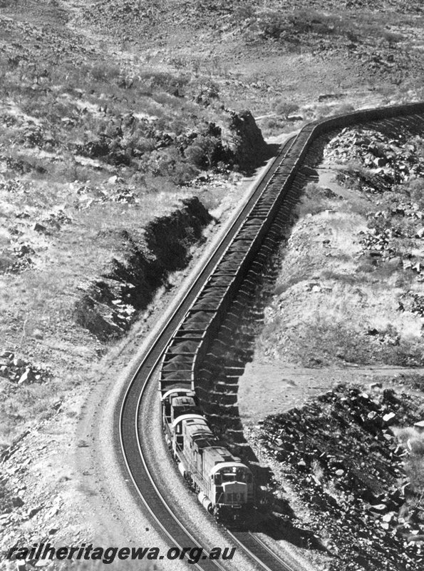 P20688
Triple headed Hamersley Iron loaded ore train, aerial view along the train
