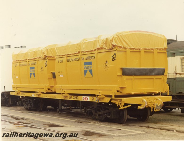 P20705
QRA class 22961 flat wagon , bulk ammonium nitrate containers N 1577 and N1581, Midland Workshops, ER line, side and end view
