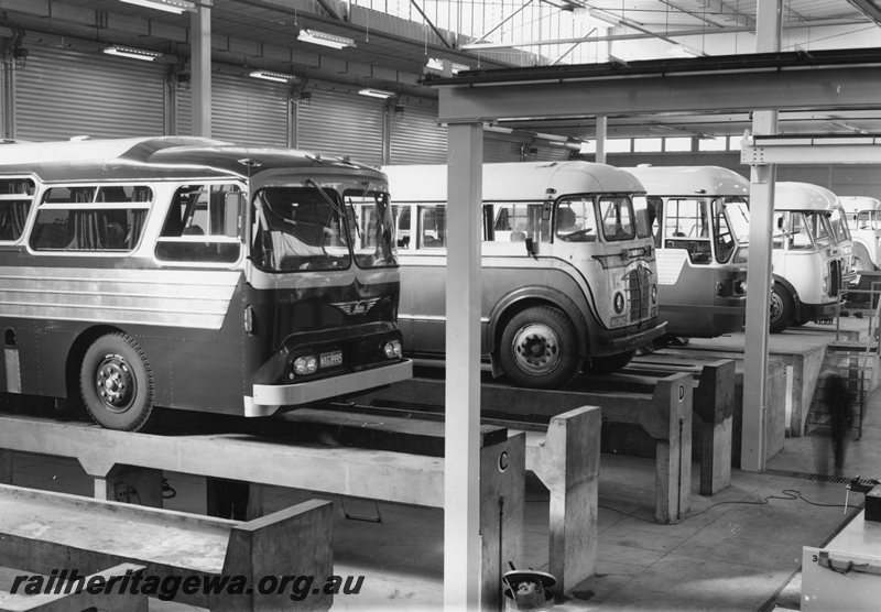 P20719
Inside WAGR Road Services Depot showing Hino, Foden, Leyland and AEC buses. 
