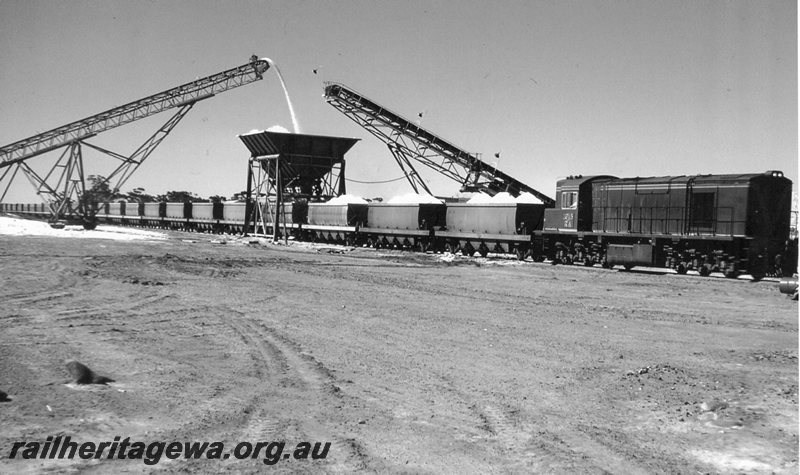 P20726
RA class 1915 (green with red/yellow stripe livery) hauling XNG class wagons under the salt loader at Lake Lefroy. CE line.
