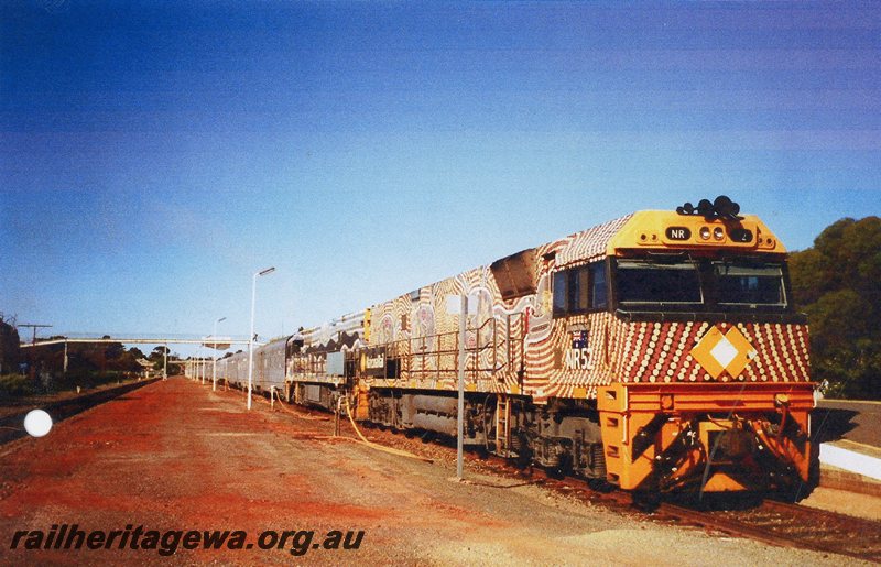 P20753
NR class 52 ( indigenous livery) & unidentified NR class head special Indian Pacific to commemorate 100 years of Commonwealth Railways into Kalgoorlie. EGR line. 
