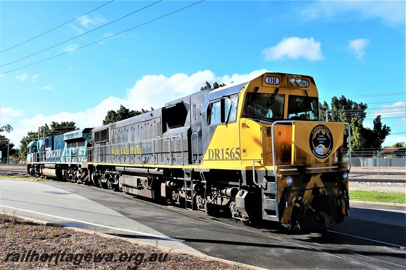 P21017
Watco Australia loco DR class 1565, yellow and black livery heading CBH Group CBH class 007 crossing Railway Parade, Bassendean heading towards UGL's plant, side and front view..

