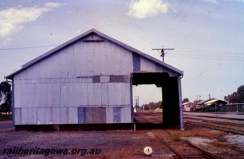 P21039
2 of 4 views of the 2nd Class goods shed at Pinjarra, SWR line, end view with the through track on the right hand side 
