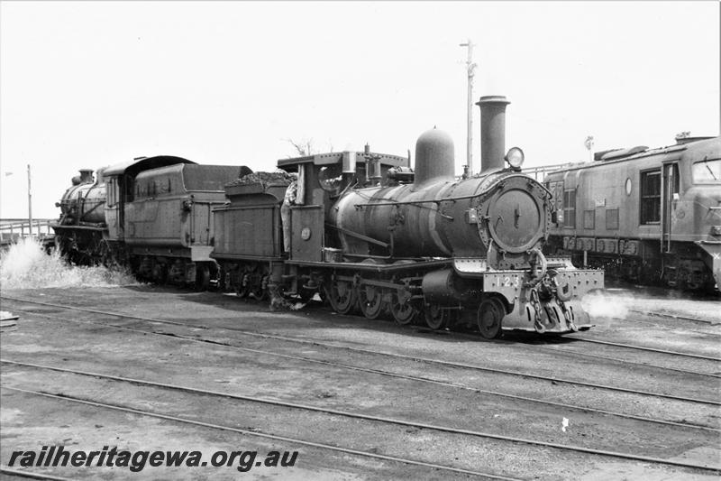 P21096
G class 123, another steam loco, X class diesel, yard, side and front view
