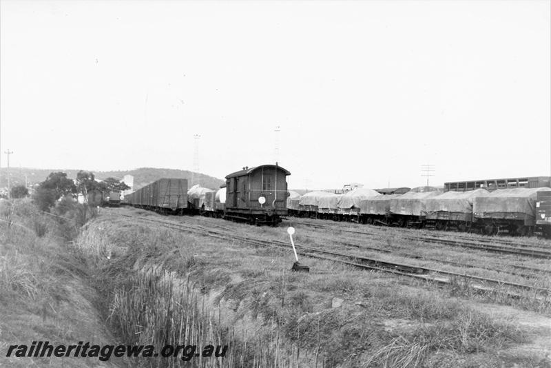 P21124
Marshalling yard, VW class van, rakes of wagons, point lever ,Midland, ER line, trackside view
