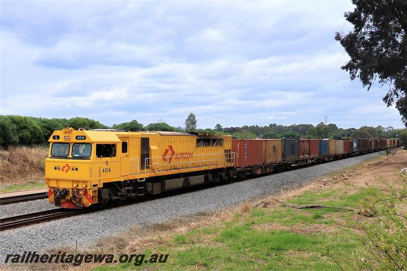 P21136
Aurizon Q class 4014 in the plain yellow livery with the red insigna haling a freight train southwards through Hazelmere.
