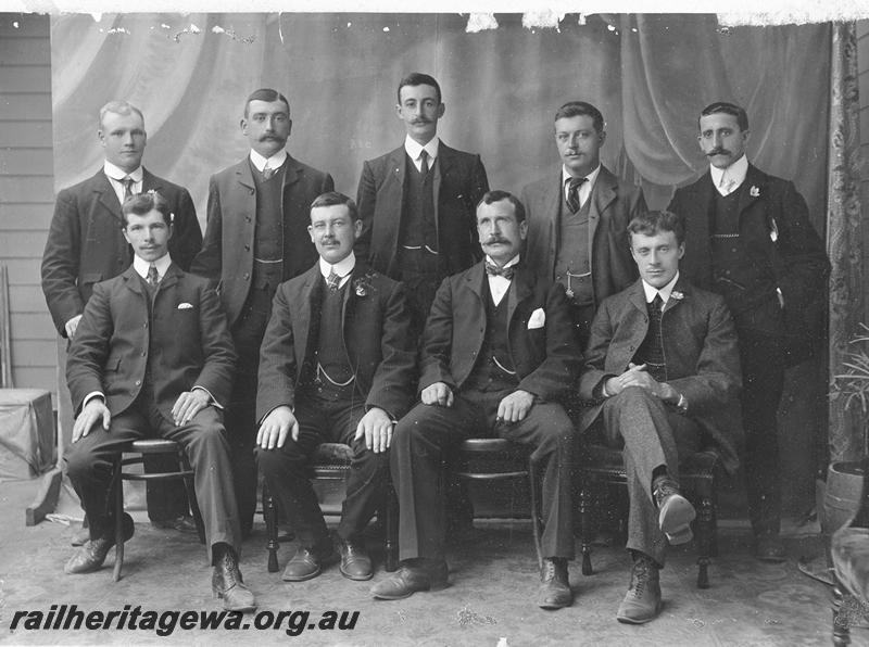 P21140
 Boilermakers, Fremantle Workshops - Taken at North Fremantle, group photo,  1902.Standing: L-R:  C. Ormond, J. Moffat, T. Oakes, E. Jackson, W. Rudyard: Sitting L-R: J. Makin, R. Hamilton, W. Garmin, J. Booth

