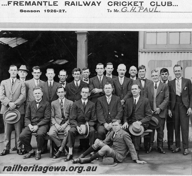 P21142
Fremantle Railway Cricket Club, season 1926-27, group photo, Standing left to right, D. Love, J. Tobin, W. Clements, A. Nicol, R. Haywood, L. Mckenzie, G. Wright, W. Bennett, T. Wise, G. Paul, F. Edgecumbe, F. Maynard, W. Woodroffe, F. Andrews, A. Parkinson : Sitting left to right, A. Allen, E. Baker, W. Angel, W. Restieaux, W. Gould:: In Front, D. Love
