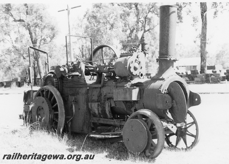 P21167
Traction engine on railway wheels, Wilga, , out of service, side and front view, named  