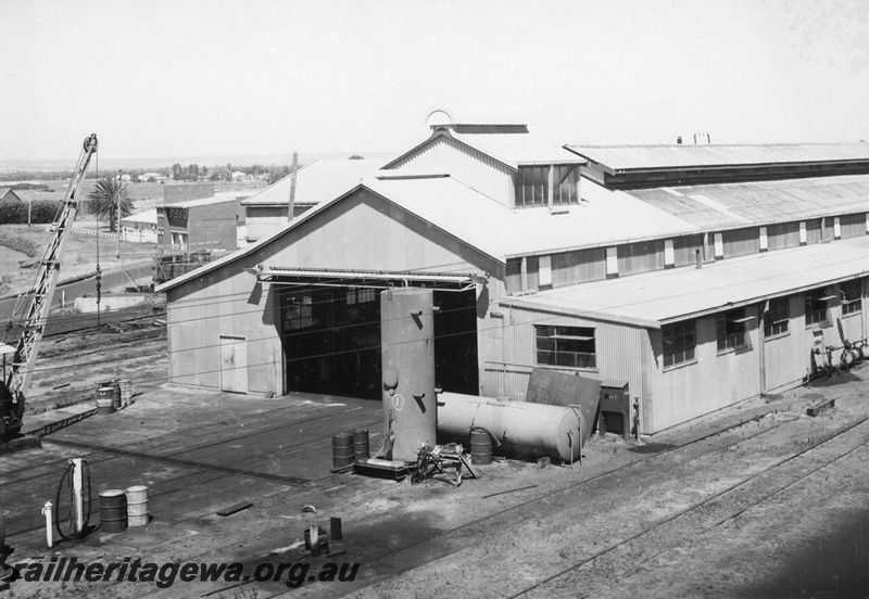 P21173
Repair shed, crane, tanks, Bunbury loco depot, SWR line, view from elevated position, c1970s
