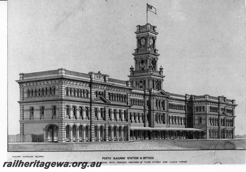 P21244
Perth Railway Station - a perspective sketch of the station (Wellington Street view)with proposed additions of third storey and clock tower. This proposal did not proceed.  ER line  
