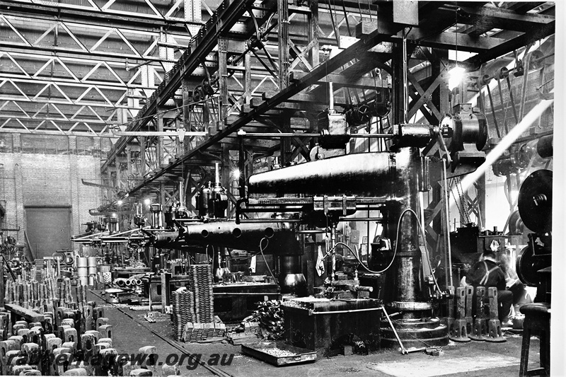 P21261
Heavy forging equipment, in the Blacksmiths Shop, Midland Workshops, ER line, view from floor level, c1937
