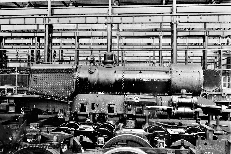P21270
P class steam loco in the course of construction, inside Midland Workshops, ER line, side view, c1937
