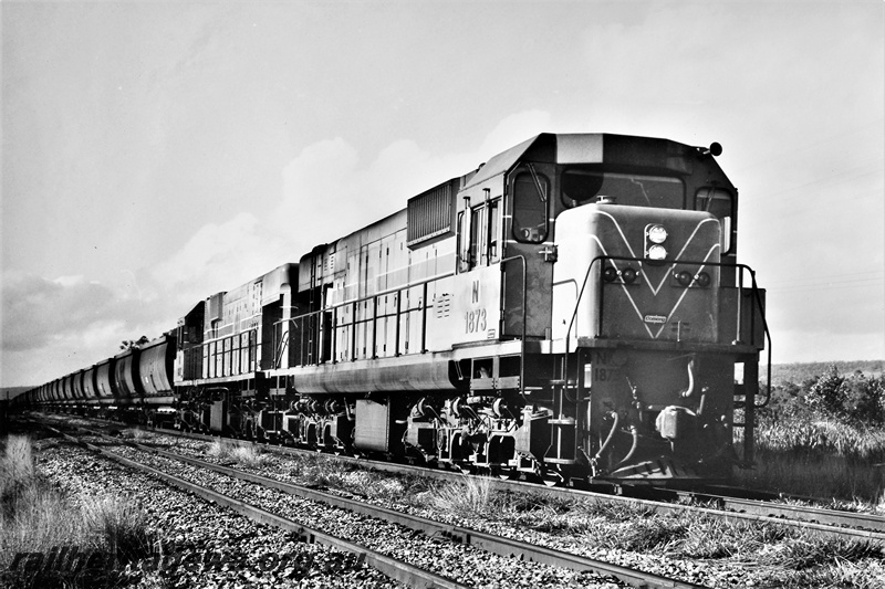 P21301
N class 1973 and N class 1877 head an empty bauxite train, Jarrahdale, SWR line, view along the train
