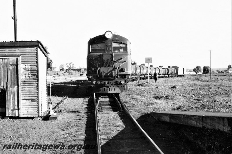 P22822
XA class 1414 on oil train comprising tanker wagons and van, points, trackside shed, Golden Gate, B line, front and side view
