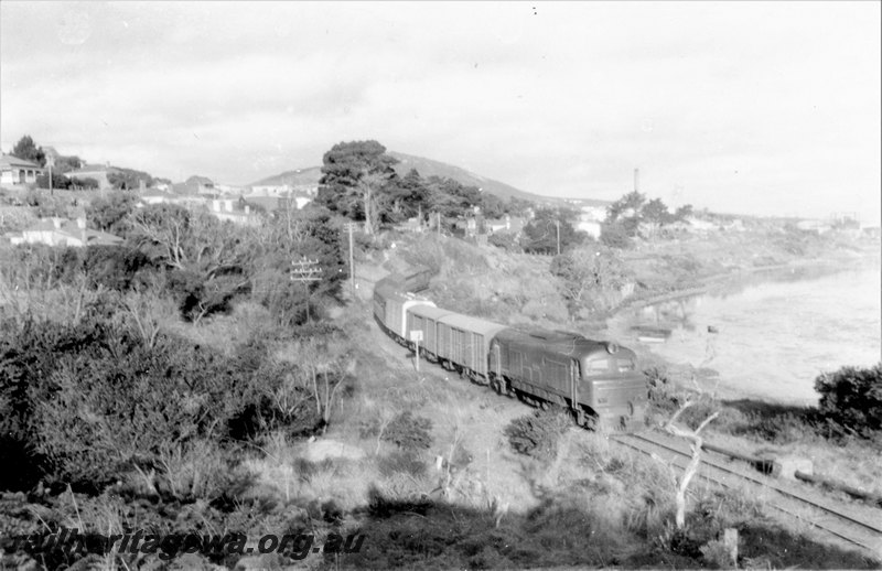 P22833
X class diesel on goods train, departing Albany, GSR line, side and front view
