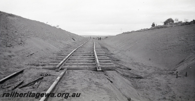 P22916
Regrading & Deviation at Indarra NR line 30 June 1935 7 of 7, track in cutting, ground level view
