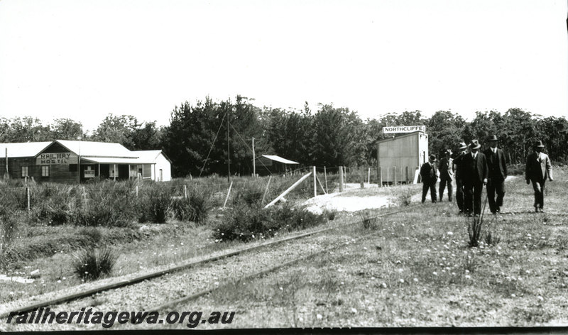 P22939
Railway hostel, station building, group of suited man, Northcliffe, PP line, trackside view
