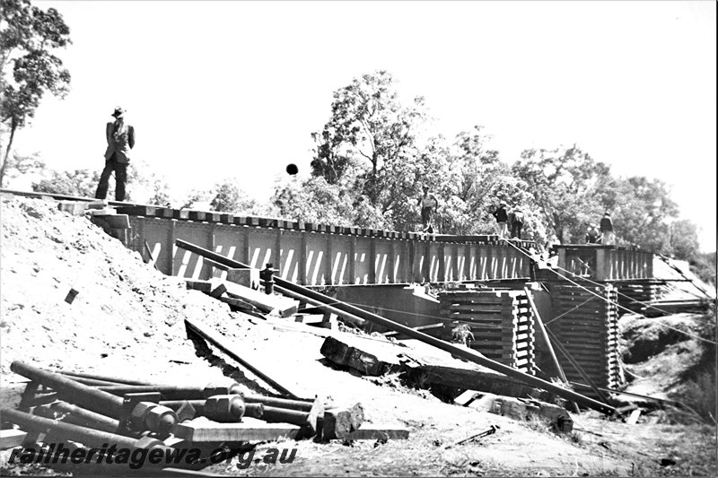 P22966
2 of  5 views of the construction Harvey River bridge. SWR line , view along the side of the bridge. 
