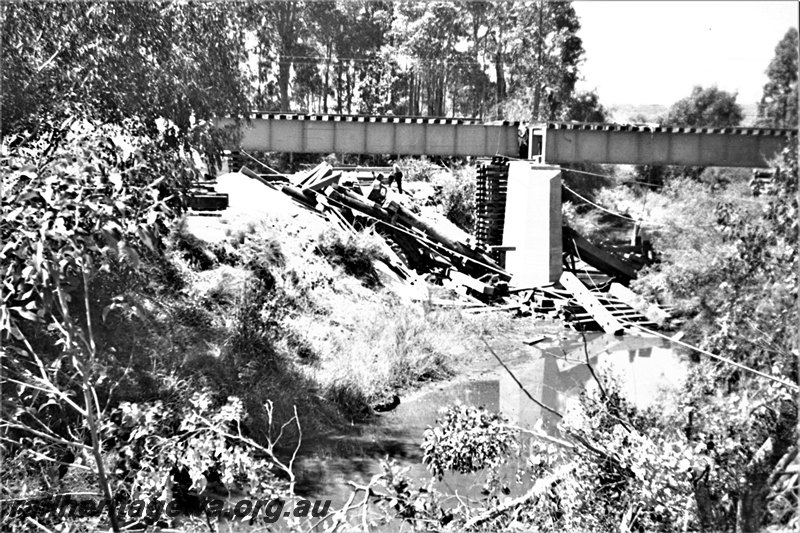 P22967
3 of  5 views of the construction Harvey River bridge. SWR line , steel girder bridge  on concrete pylons,  side view of the girder and concrete pylon
