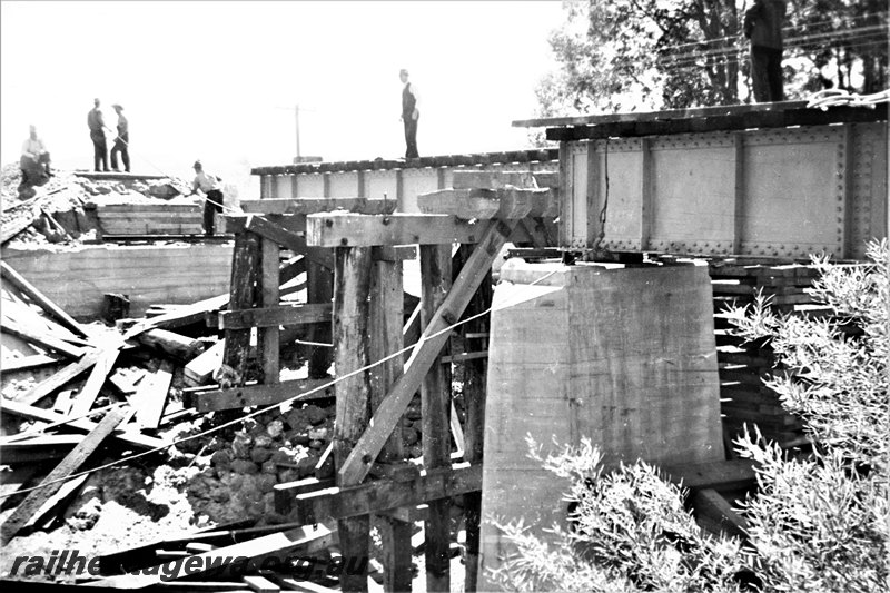 P22968
4 of  5 views of the construction Harvey River bridge. SWR line , view of the steel girder and concrete pylon with the remains of the tresle bidge in the background. 
