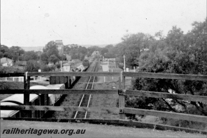 P23039
Station, platform, buildings, goods train passing through, signals, Success Hill, ER line, view from overhead bridge looking east

