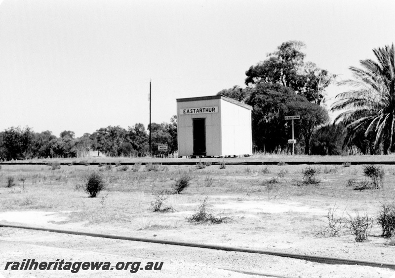 P23071
Out of Shed with nameboard, Westrail station sign, track, East Arthur, WB line, trackside  and side view
