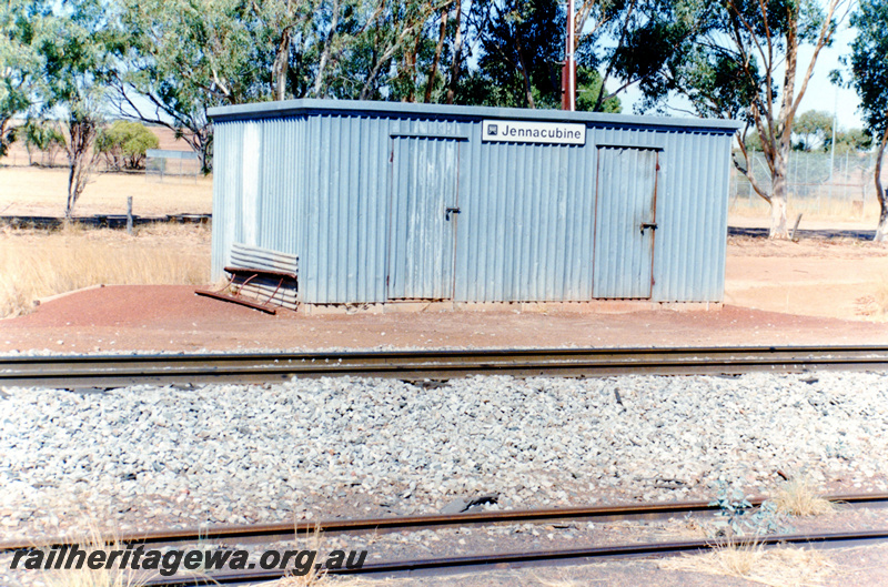 P23099
Station shed, tracks, bush, Jennacubine, EM line, view from track level
