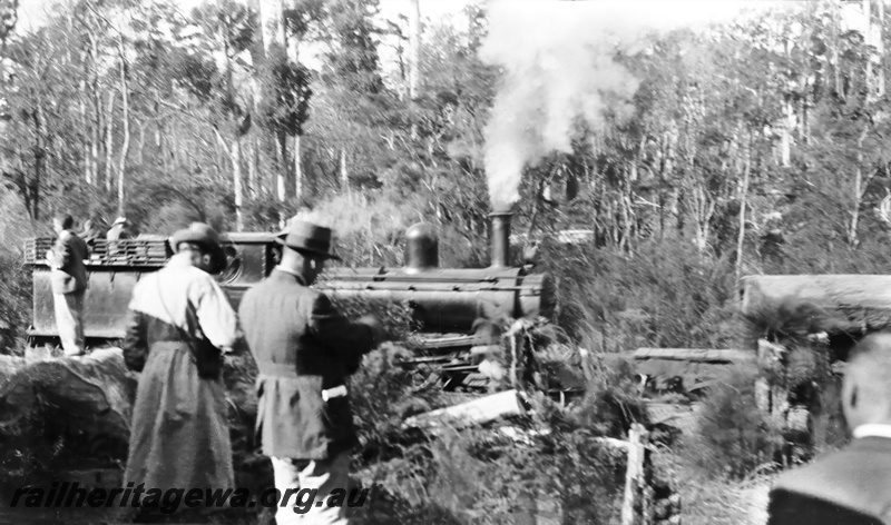 P23238
Institute of Australasian Engineers South West Tour - trip  on SSM Pemberton Mill train. Photo shows loco SSM No.6 (with extended smoke box) hauling log train. PP line.   
